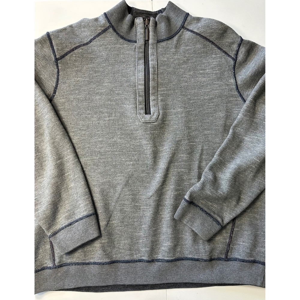 Tommy Bahama Mens Reversible Quarter Zip Pullover Sweater Gray Marl Striped Lg